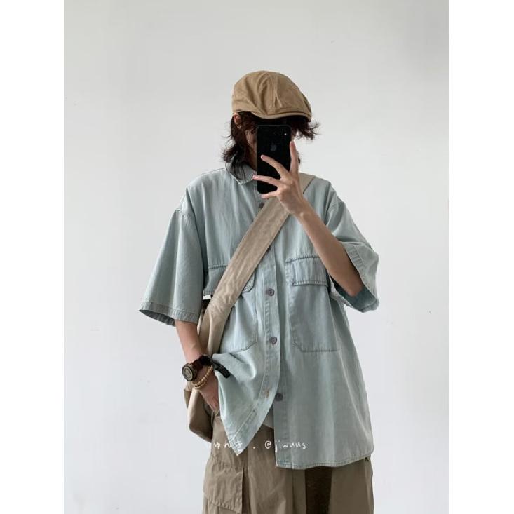 Retro Denim Workwear Kurzarmhemd, Sommermodemarke für Herren und Damen, japanischer Retro-Halbarmtrend, cooles und lockeres Hemd