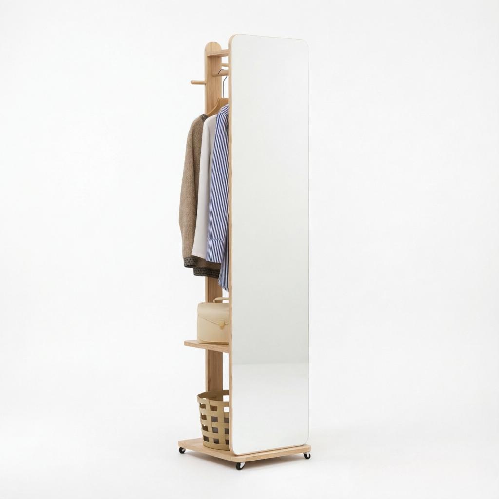 Eleganter Schminkspiegel, Freistehender Spiegel mit Kleiderstange, Kompakte Spiegel-Garderobe-Kombination, Mobiler Spiegelständer