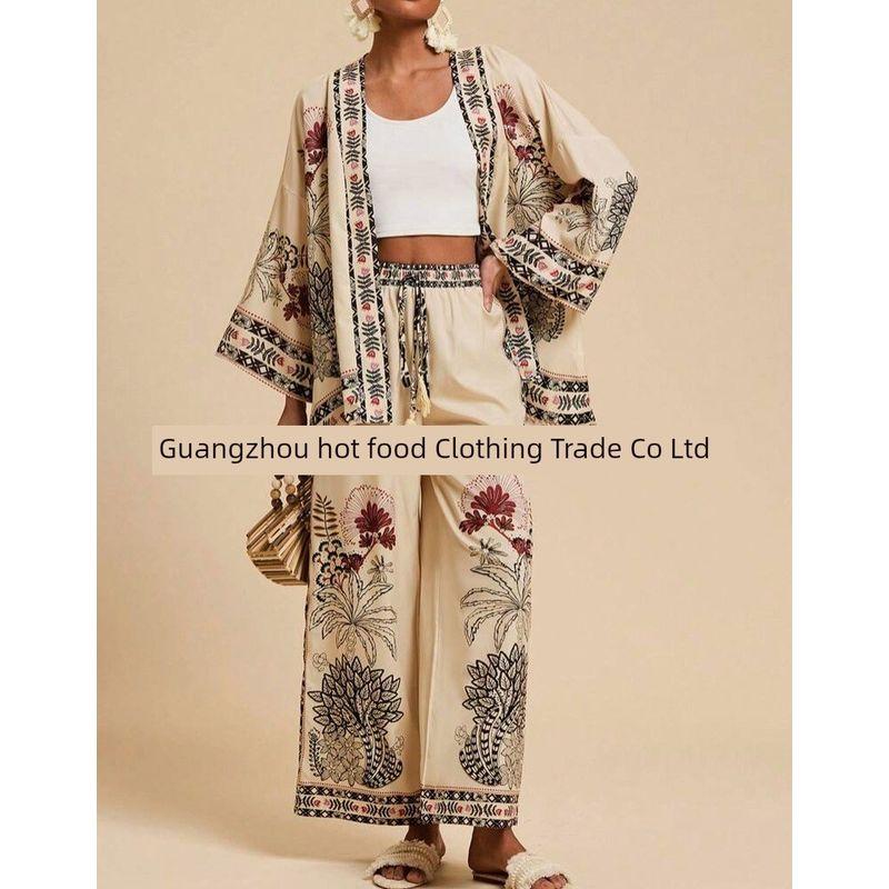 

European and American Women clothes Holiday Style Casual Two-piece Set Print Cardigan Long sleeve Wide Leg Pants Set Black M