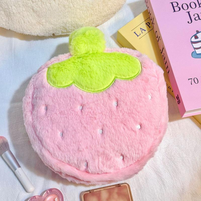 1Pcs Large Capacity Travel Toiletry Organizer Kawaii Strawberry Plush Makeup Bag Cute Cosmetic Pouch Storage Case For Women