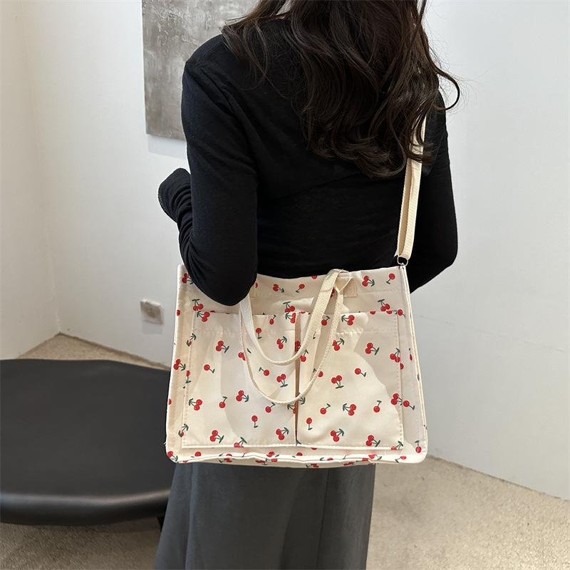 Lovely Cherry Print Women's Shoulder Bag Large Capacity Ladies Multi-pocket Tote Crossbody Bags Casual Nyl Female Handbags