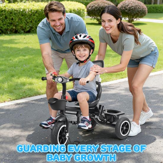 Toddler Tricycle Children Trike Kids with Adjustable Push Handle Removable Canopy Safety Harness Child Music Headlight Storage Basket,