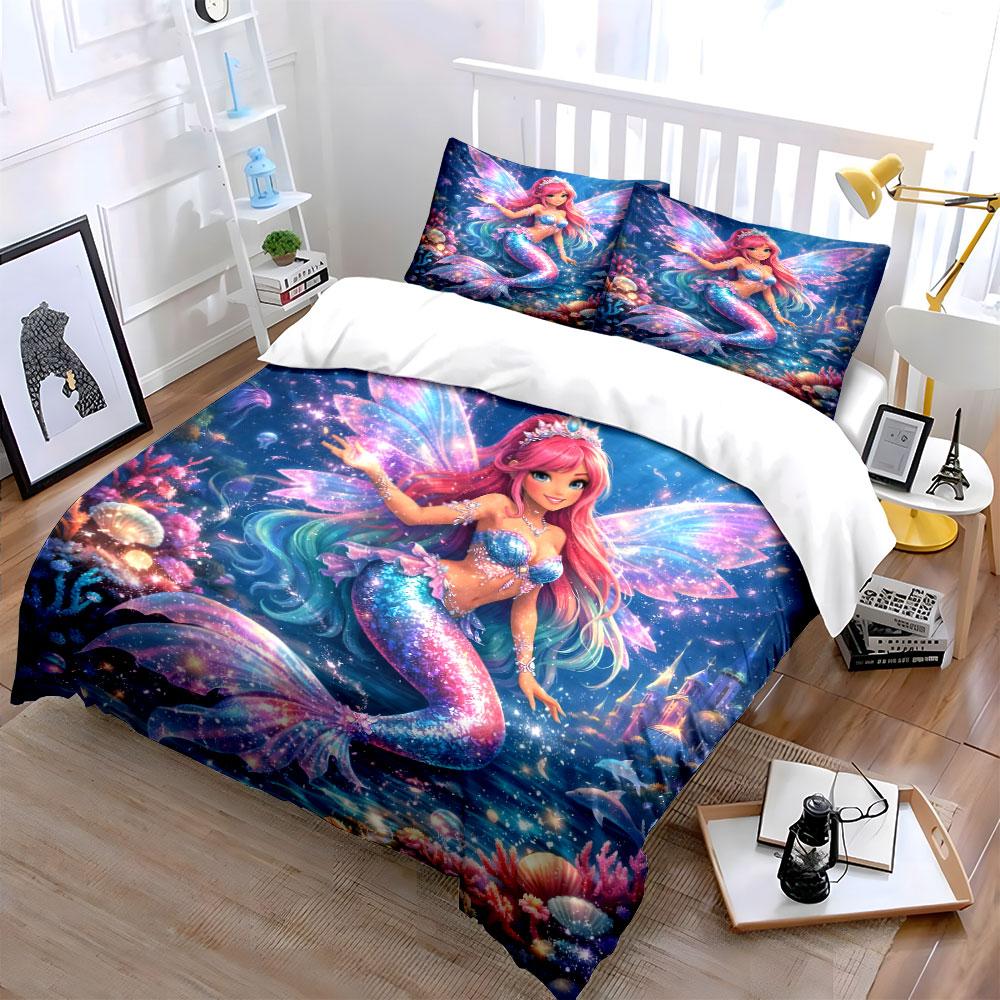 Dreamy Rainbow Mermaid And Castle Bedding Set For Kids Luxury Gift 3Pcs Digital Print Comforter Set Soft Comfortable Breathable