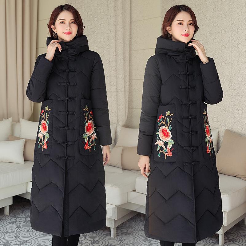 2025 plus-size long thickened Chinese style cotton jacket women's embroidered padded jacket winter over-the-knee buckle jacket