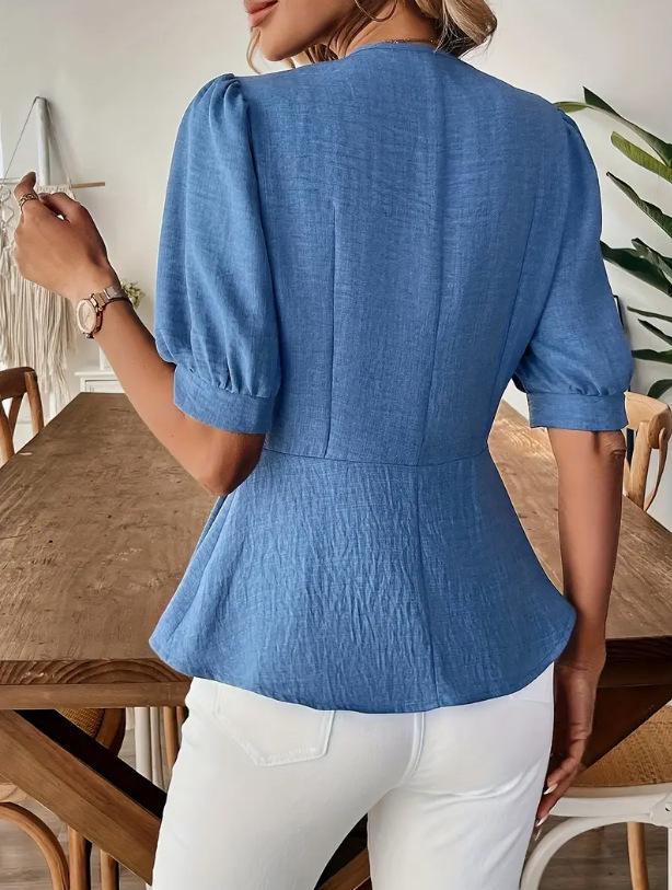 Europäisch-Amerikanisches Damen Sommer V-Ausschnitt Puffärmel Slim Fit Top