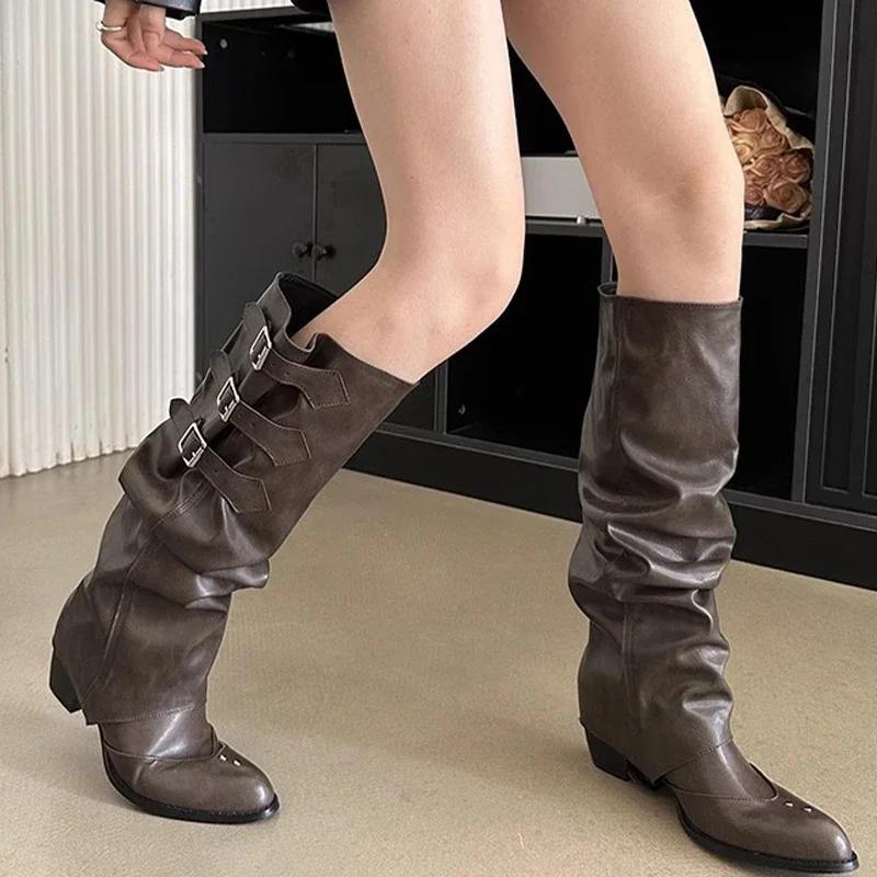 Fashion Women Pointed Toe Chelsea Boots Knee High Mid Heels Chunky Pleated Shoes Designer New Motorcycle Boots Pumps Sexy Mujer Zapatos