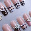 1 Set Press On Nails Salon Quality Almond French Tip Stick-on Fake Nails Removable 3D Charm Women Full Cover Glue On False Nails