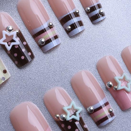 1 Set Press On Nails Salon Quality Almond French Tip Stick-on Fake Nails Removable 3D Charm Women Full Cover Glue On False Nails