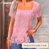 JPNTKY Women's Fashion Casual Solid Color Print Short Sleeve Square Collar Blouses & Shirts