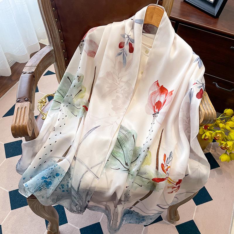 Luxury Brand 100% Real Silk Scarf Women Designer Shawls and Wraps Elegant Floral Print Pashmina Soft Long Scarves Femme Hijab