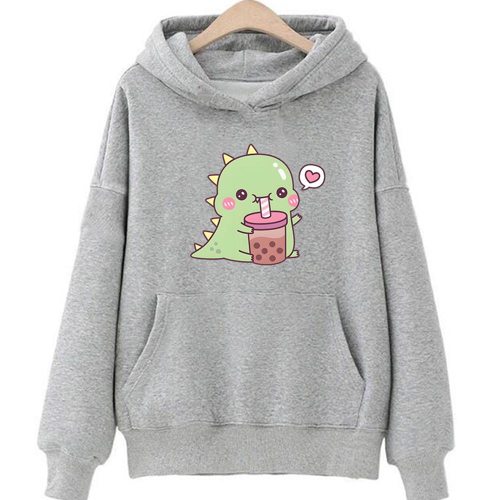 

Kawaii/милый Boba Tea Dinosaur Hoodies Women/Men Casual Hoody Winter Fleece Clothing Long Sleeve Korean Esthetic Pullover XS серый