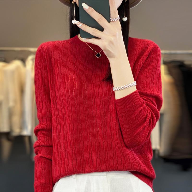 Round-neck Long-sleeved Women's Thin Loose Knitted Sweater, Exquisite Lantern-shaped Hollowed-out Knitted Top