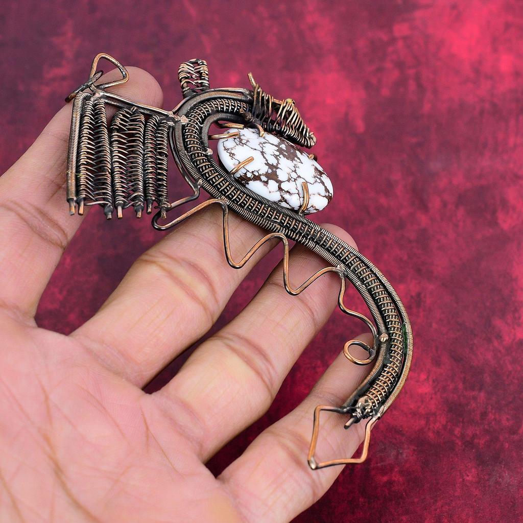 Wild Horse Magnesite Pendant Copper Wire Wrapped Dragon Pendant Handmade Gemstone Pendant Copper Wire Jewelry Gifts for Him Antique Pendants
