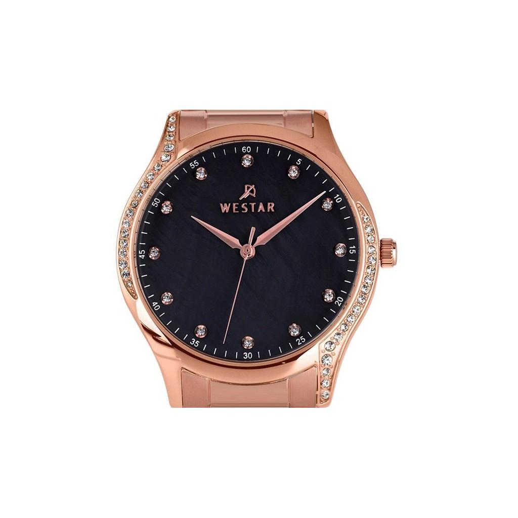 Westar Zing Crystal Accents Rose Gold Tone Stainless Steel Black Mother Of Pearl Dial Quartz 00127PPN613 Damski zegarek