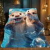1pc Two Otters In Water Blanket - Lightweight Flannel Soft Warm All-Season Throw, Charming Digital Print for Sofa Bed Travel Camping Living