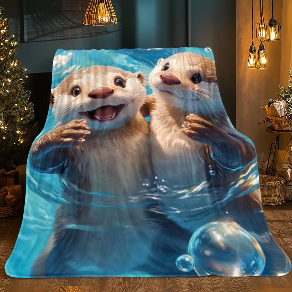 1pc Two Otters In Water Blanket - Lightweight Flannel Soft Warm All-Season Throw, Charming Digital Print for Sofa Bed Travel Camping Living