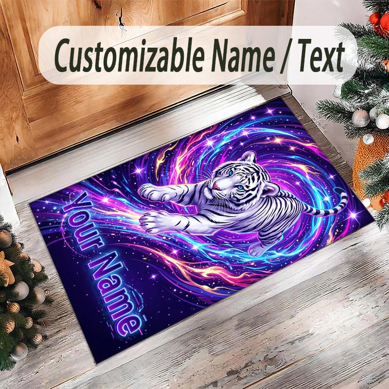 Lion Tiger Theme Crystal Velvet Rug Personalized Custom Name Text Soft Floor Mat Home Decor