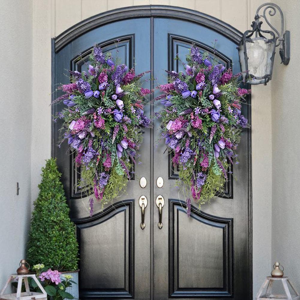 Artificial Spring Wreath 50x35cm Rustic Hanging Wreath Creative Flower Garland Pendant for Front Door Garden Decor