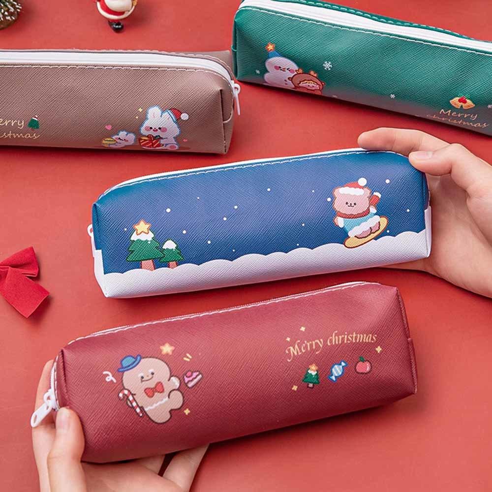 1 Piece Cute Cartoon Christmas Pencil Case Bag Key Chain Pu Large Capacity Coin Wallet Case Pouch Bag School Supplies Gift