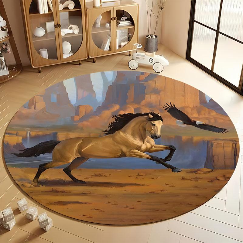 

Majestic Horse and Eagle Rug for Western Decor round carpet for home sofa bedroom, gift Diameter 60cm