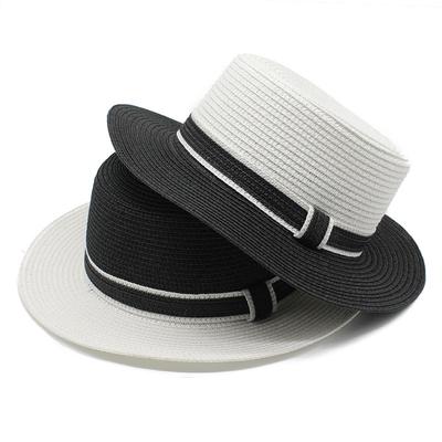 Summer Straw Hat Men'S And Women'S Straw Bow Black And White Flat Top Straw Hat Sunscreen Beach Hat Casual Fashion Hat