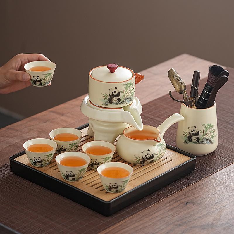 Ru kiln light luxury automatic artifact household panda anti-scalding tea set lazy stone grinding ceramic teapot