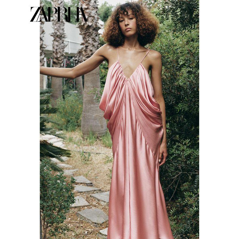 Zaprha New Women Clothes Pleat Decorative V-neck Straight Hem Silk Satin Texture Long Dress 3684019