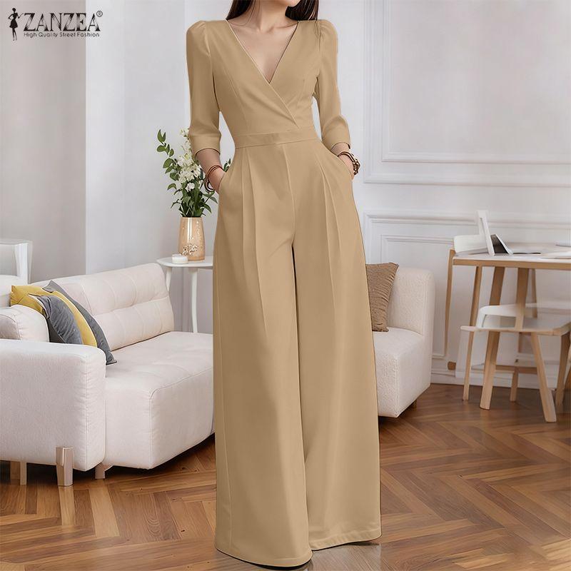 ZANZEA Damen Lässiger V-Ausschnitt 3/4 Ärmel Lockerer Langer Jumpsuit