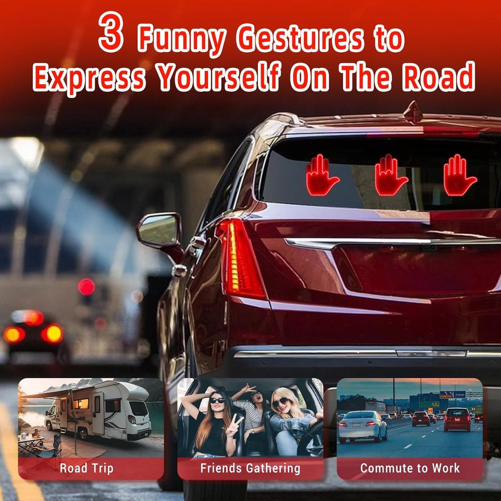 Middle Finger Car Light, Glohand For Car, Light Up Middle Finger For Car Rear Window, Glogesture Road Rage Hand Led Sign With Remote, Red Glow Led