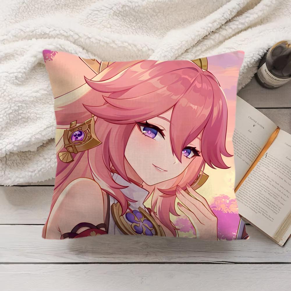 Yae Miko Genshin Impact Cushion Cover Silky Short Plush Invisible Zipper Dustproof Sofa Pillow Case For Home Decor