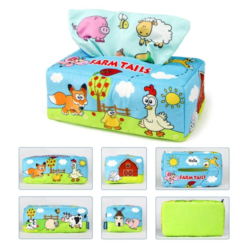 Tissue Box Toddler  Toy Babies Sensory Toy with Crinkle Paper & Rainbow Dance Scarves Infants Learning Toy