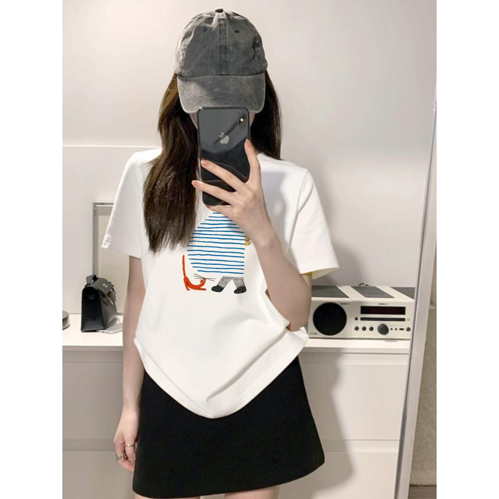 Large Size Women's Summer Front Shoulder Cartoon Printing Loose Crew Neck Inner Short Sleeve T-Shirt% Pure Cotton Bottom Top
