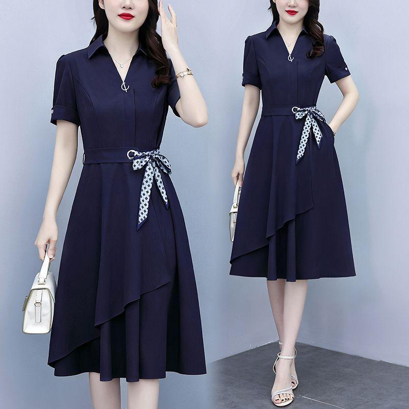 Summer Women's Dresses with Short Sleeves Solid Color Slimming and Covering Belly