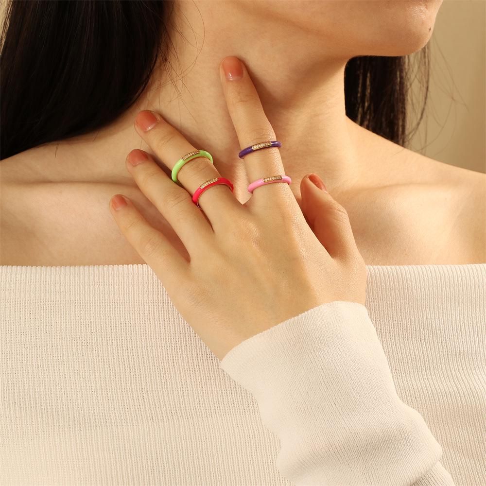 Trendy Colorful Zircon Drip Oil Stacking Ring for Spring/Summer