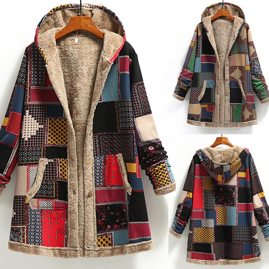 Women Winter Warm Coat Casual Patchwork Loose Boho Jacket Women Long Sleeve Hooded Outwear Fashion Streetwear Lady Clothes