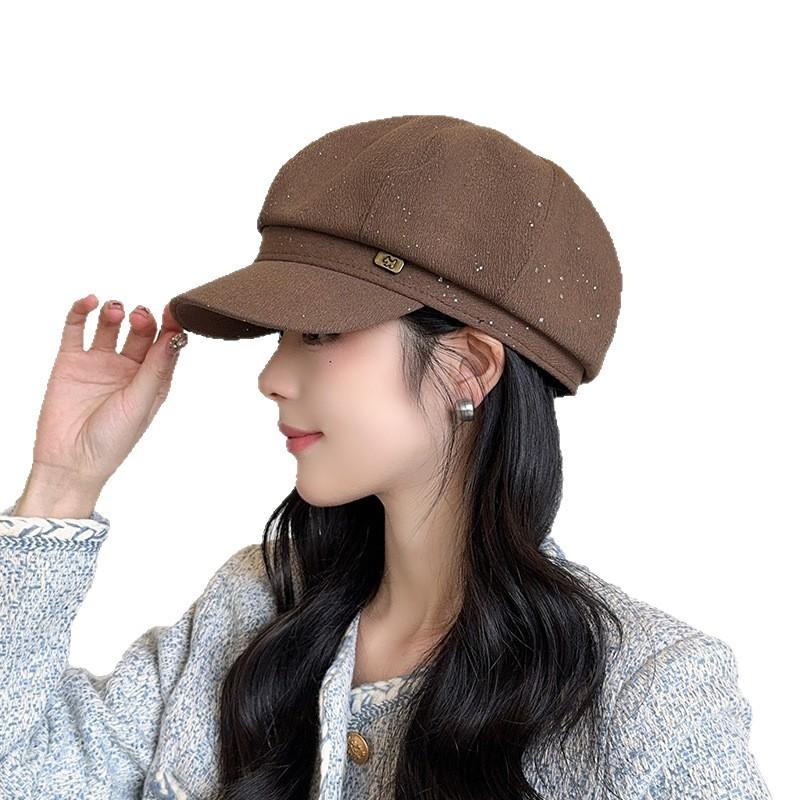 British Style Retro Sequined Octagonal Hat for Women in Autumn and Winter Puppy Label Painter's Hat Travel Fashion Temperament Beret