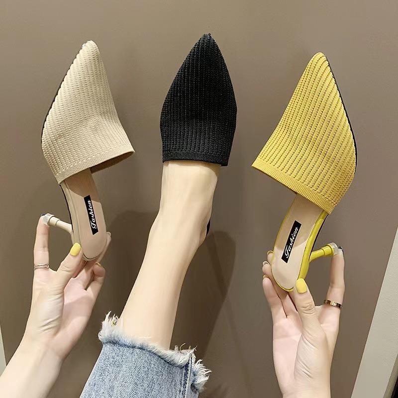 20 New slippers women's fashion woven retro half slippers pointed head bag head high heel stiletto