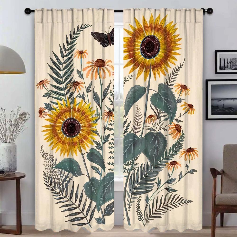 Light Blocking Anti Mosquito Curtains Pumpkin Sunflower Print Curtain Room Panel Tulle Bedroom Halloween Decoration Set Of 2 Made Polyester Washable