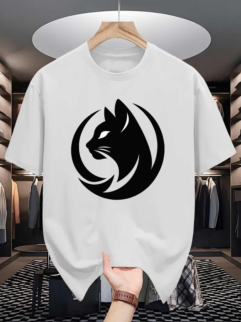 Trendy Unisexs Summer Tee Circular Cat Head Print Soft Cotton Crew Neck Short Sleeve Casual Loose Street Daily Wear Top Male