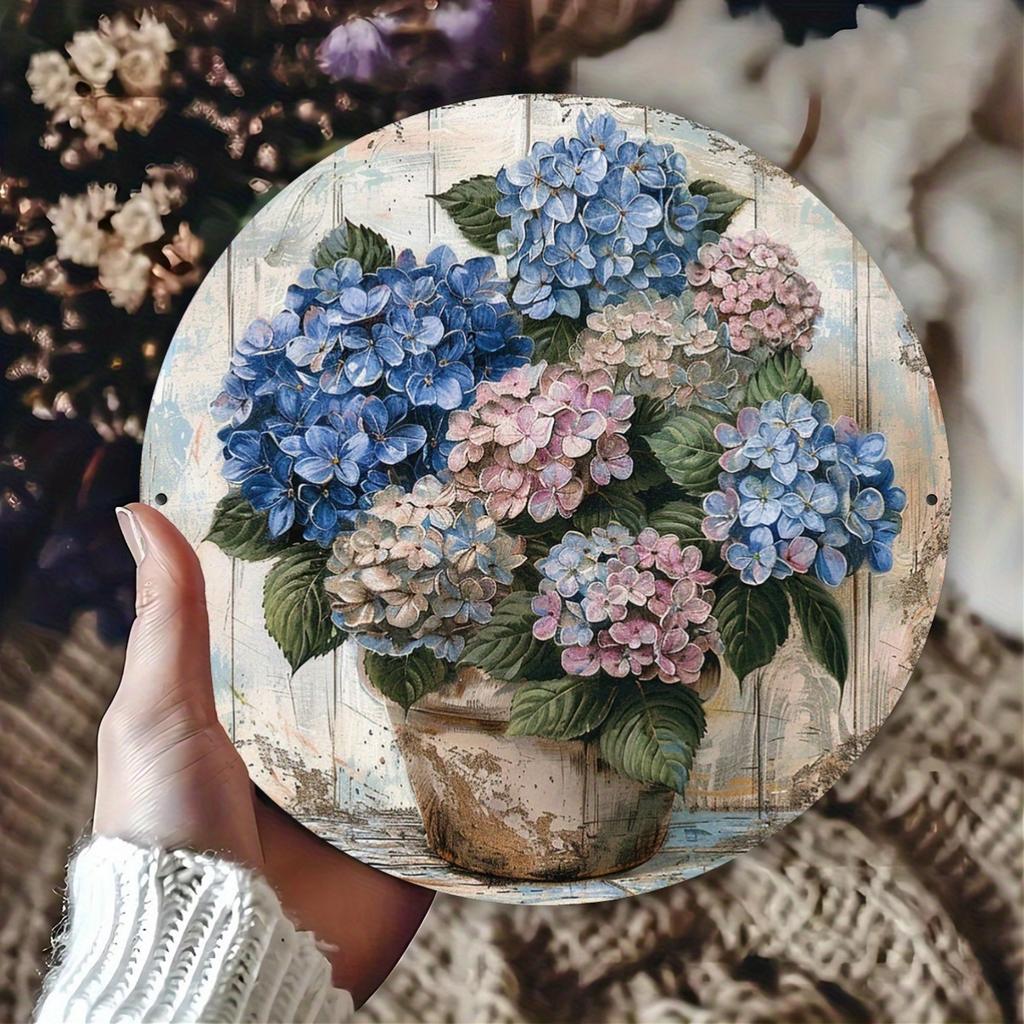 1 Piece 2D Wooden Hanging Sign Hydrangea Theme 8-Inch Round Sign Home Bar Garage Cafe and Garden Decoration