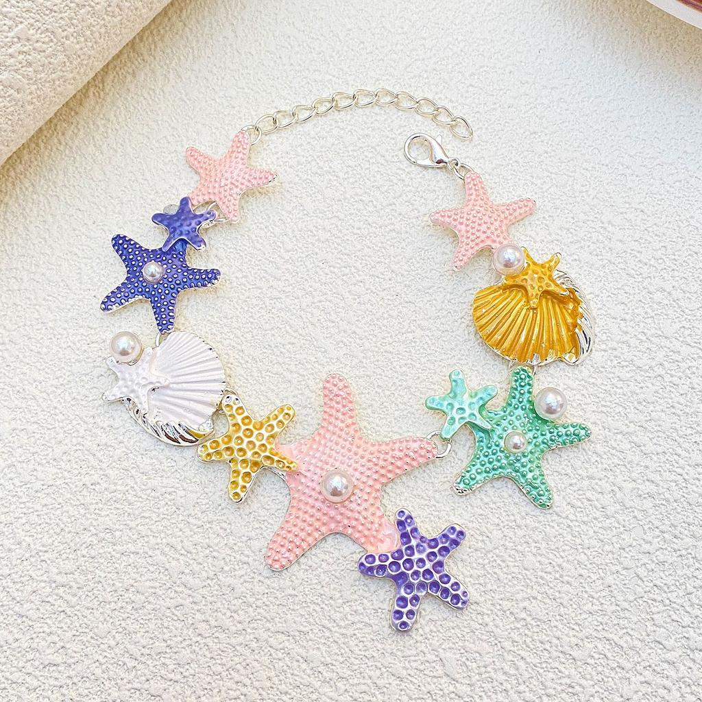 Vacation Style Colorful Starfish Zircon Shell Pendant Zircon Sets Fresh Fashion Necklace Earrings Bracelet Set for Women