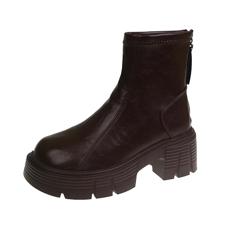 

Модные новые модные женские ботильоны на квадратном каблуке для отдыха на открытом воздухе 2024 года, горячая распродажа, однотонные толстые с молнией сзади, круглые женские туфли 40 коричневый