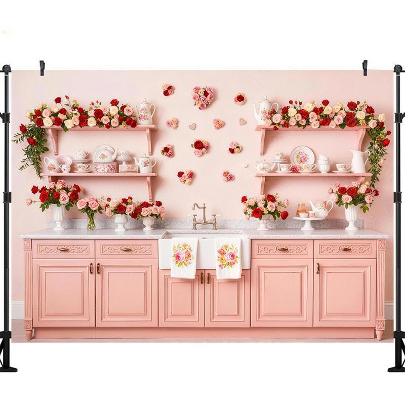 LS Romance Valentine's Day Kitchen Background Photography Pink Cabinet Floral Heart Backdrop Girl's Birthday Party Photo Studio