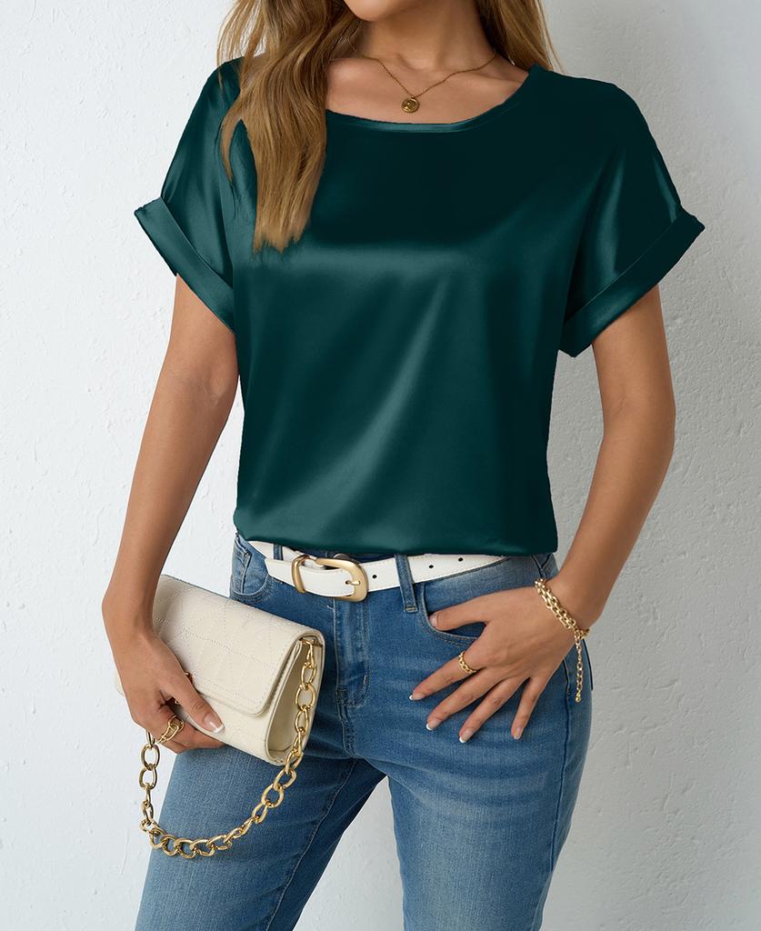 Echte Damenbekleidung, Frühling und Sommer neues Damen-Kurzarm-Satinhemd, lockeres Satin-T-Shirt Damen