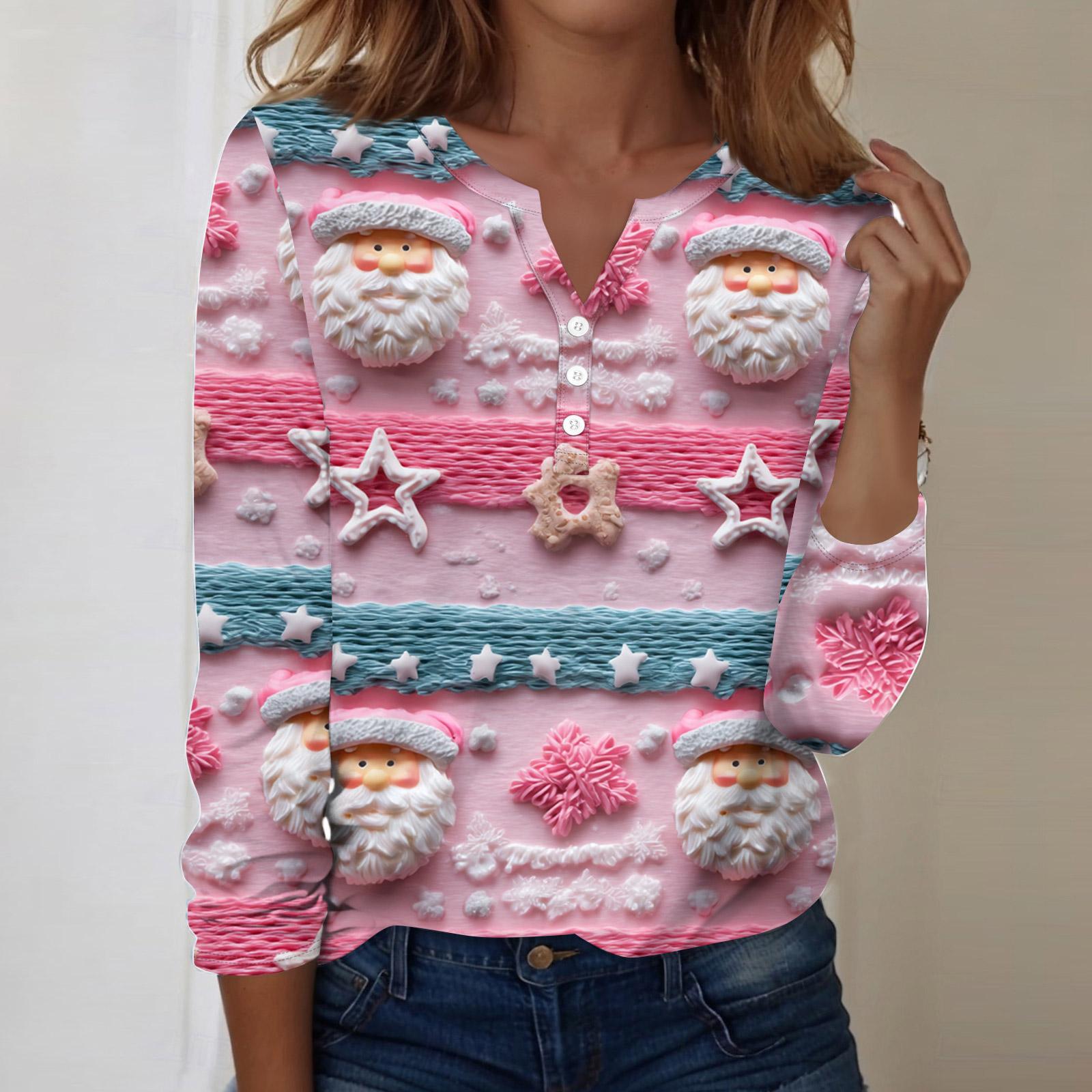 

Женская модная повседневная блузка с V-образным вырезом, длинным рукавом и декоративными пуговицами, с рождественским принтом XXL