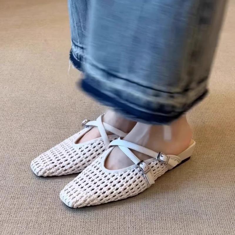 Simple square head woven hollow wedge sandals women's summer versatile outer wear cross buckle bag head slippers women