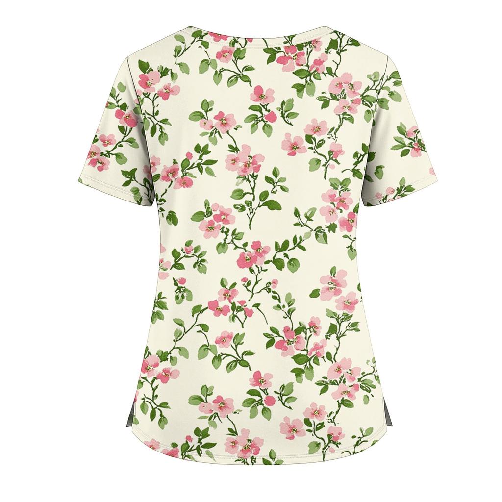 Women's Floral Print V Neck Medical Scrub Top with Side Slits Short Sleeve Professional Nurse Uniform Shirt for Healthcare Workers