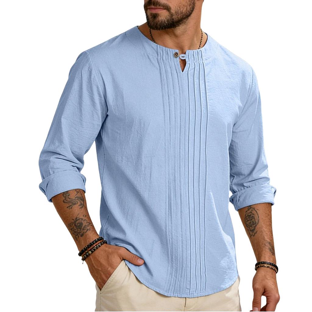 Men's Color Round Neck Long Sleeve Loose Fit Pullover Casual Cotton Linen Top
