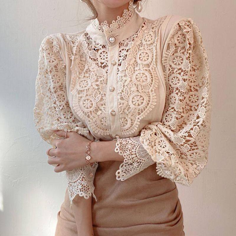 Top Camicette Casual Larghi in Cotone Bianco Pizzo Vintage Blusa Floreale Uncinetto Traforata Camicie da Donna a Manica Lunga Blusas