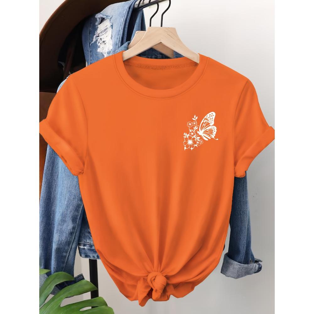

Vibrant Orange with White Butterfly Print T-shirt Girl Cartoon Unisex Tops Short Sleeve Streetwear Women Crew Neck Tees Female XS
